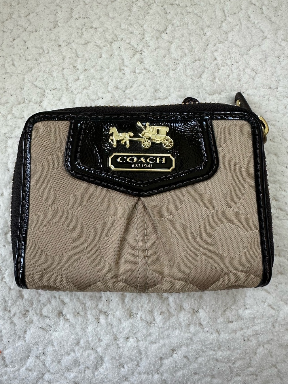 Coach Two-Tone Khaki and Brown Signature Zip Wallet